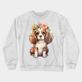 Watercolor Cavalier King Charles Spaniel Dog with Head Wreath Crewneck Sweatshirt